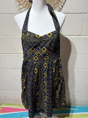 Edme and Esyllte Anthropology Halter Mini Dress in Navy and Yellow Geometric Y2K